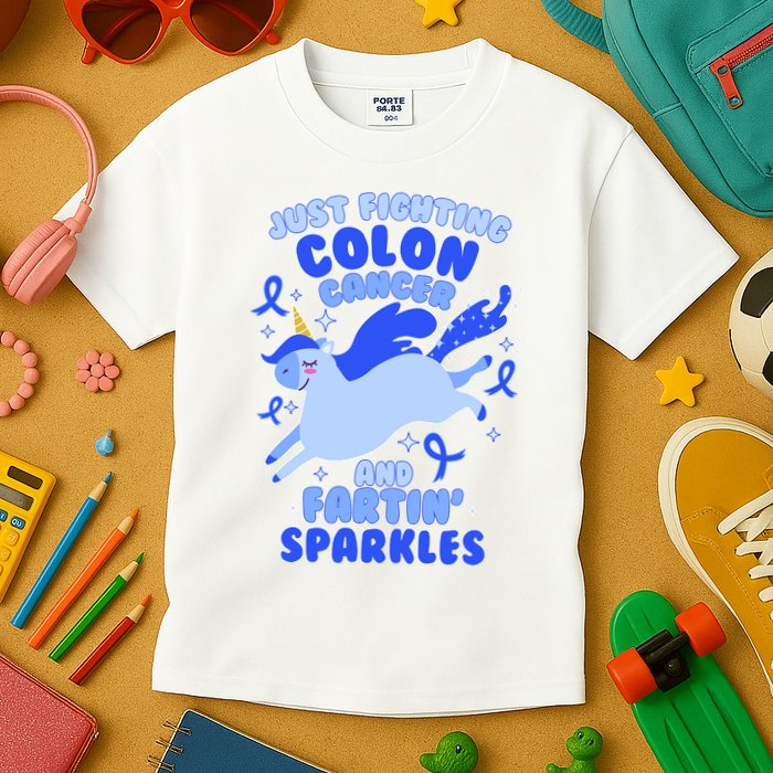 Funny Unicorn Fighting Colon Cancer And Farting Sparkles Kids T-Shirt