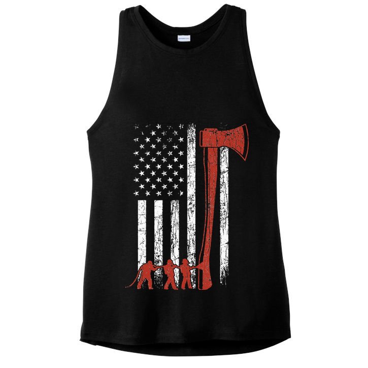 Firefighter USA Flag Funny Fire Fire Truck Ladies PosiCharge Tri-Blend Wicking Tank