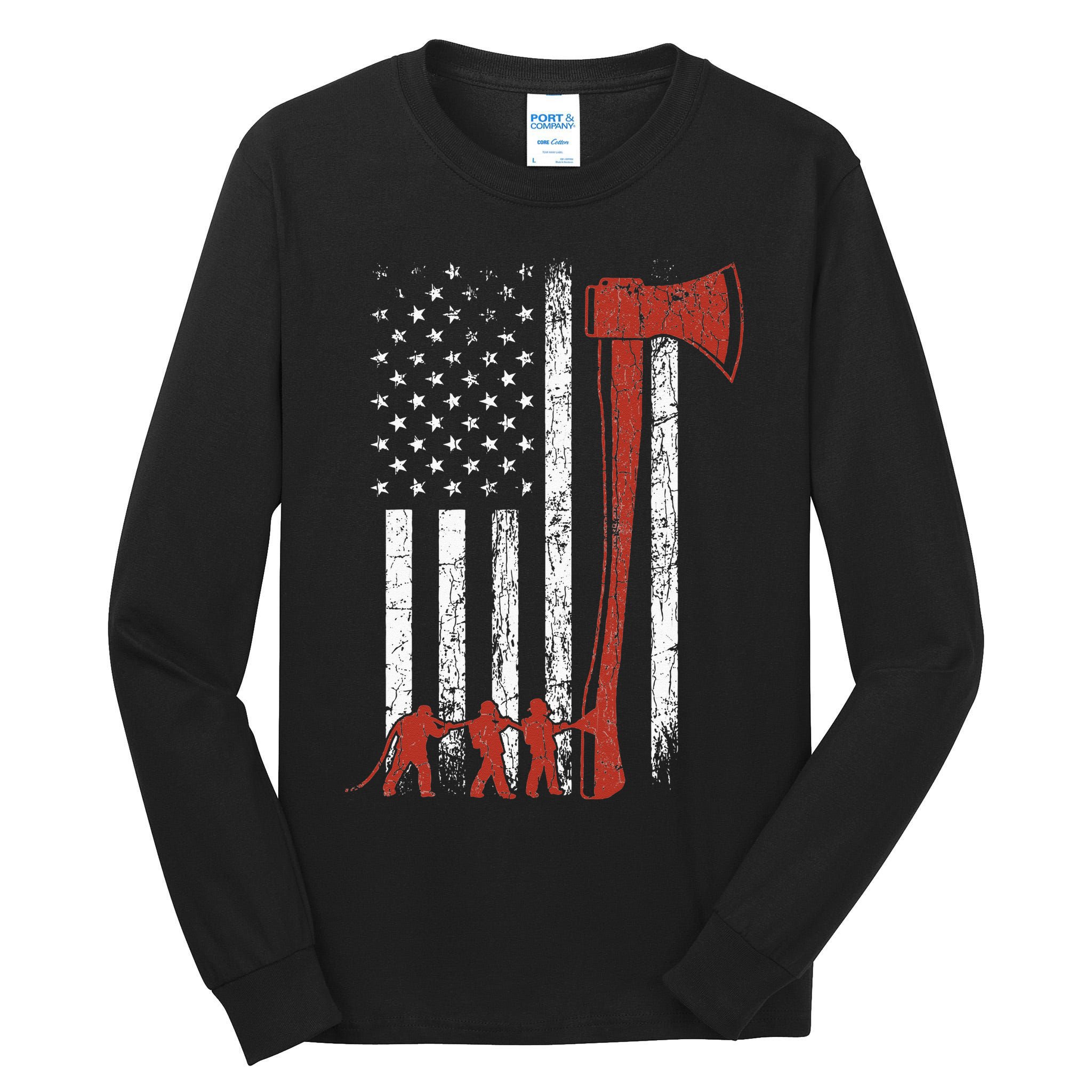Firefighter USA Flag Funny Fire Fire Truck Tall Long Sleeve T-Shirt