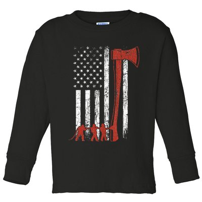 Firefighter USA Flag Funny Fire Fire Truck Toddler Long Sleeve Shirt