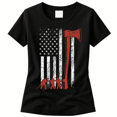 Firefighter USA Flag Funny Fire Fire Truck Womens T-Shirt