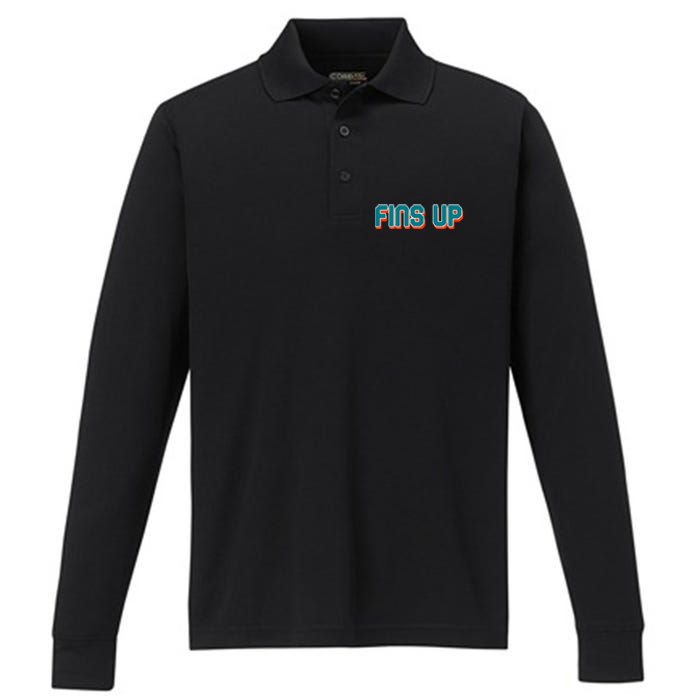 Fins Up Gift For Miami Sport Fan Performance Long Sleeve Polo