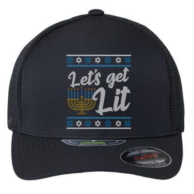 Funny Ugly Hanukkah Lets Get Lit Menorah Flexfit Unipanel Trucker Cap