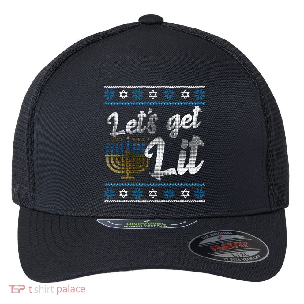 Funny Ugly Hanukkah Lets Get Lit Menorah Flexfit Unipanel Trucker Cap