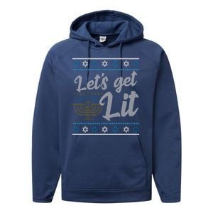 Funny Ugly Hanukkah Lets Get Lit Menorah Performance Fleece Hoodie