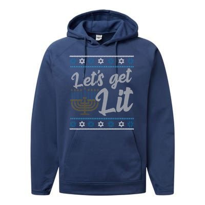 Funny Ugly Hanukkah Lets Get Lit Menorah Performance Fleece Hoodie