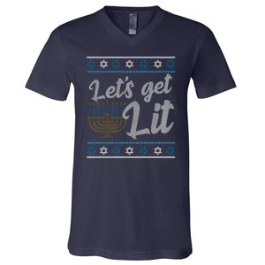 Funny Ugly Hanukkah Lets Get Lit Menorah V-Neck T-Shirt