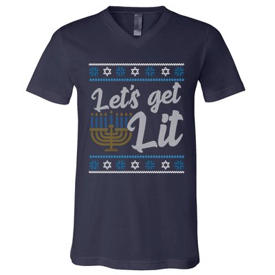 Funny Ugly Hanukkah Lets Get Lit Menorah V-Neck T-Shirt