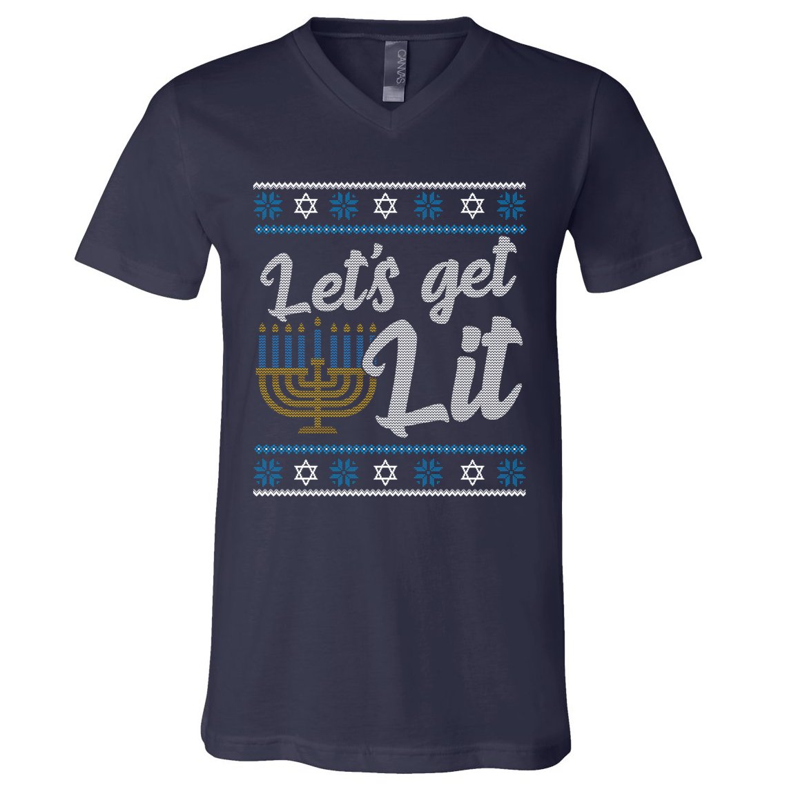 Funny Ugly Hanukkah Lets Get Lit Menorah V-Neck T-Shirt