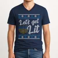 Funny Ugly Hanukkah Lets Get Lit Menorah V-Neck T-Shirt