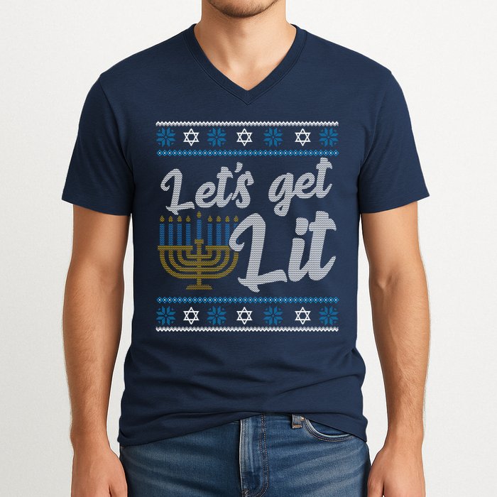 Funny Ugly Hanukkah Lets Get Lit Menorah V-Neck T-Shirt