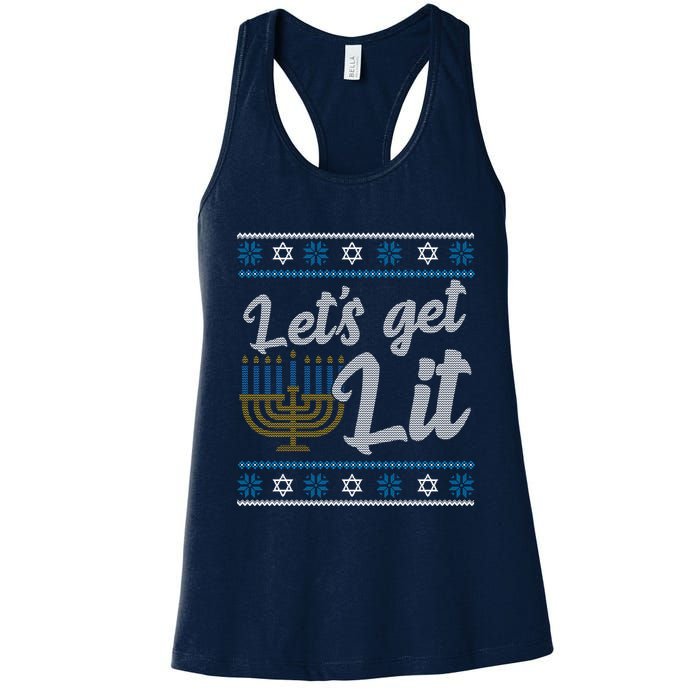 Funny Ugly Hanukkah Lets Get Lit Menorah Womens Tank Top