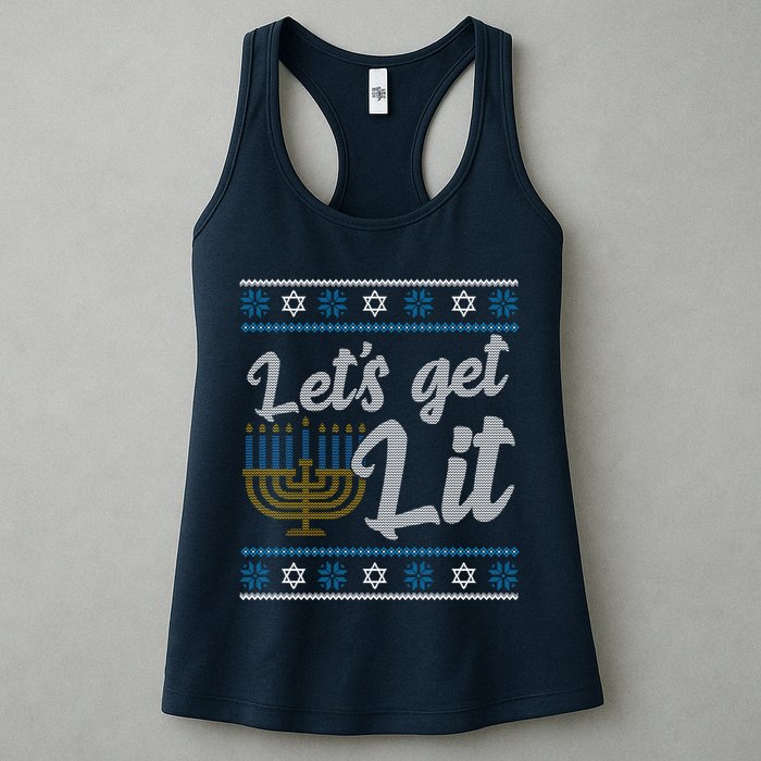 Funny Ugly Hanukkah Lets Get Lit Menorah Womens Tank Top