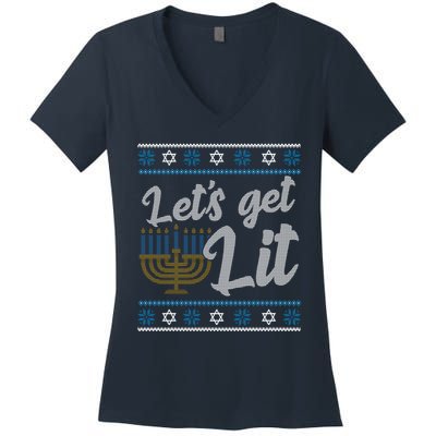 Funny Ugly Hanukkah Lets Get Lit Menorah Women's V-Neck T-Shirt