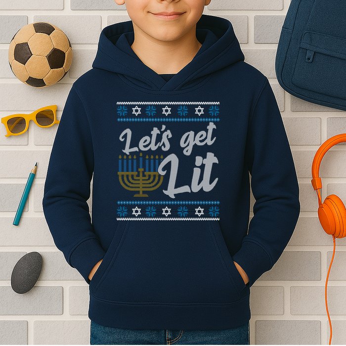 Funny Ugly Hanukkah Lets Get Lit Menorah Kids Hoodie