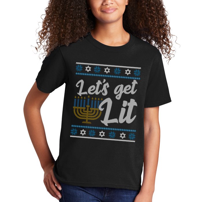 Funny Ugly Hanukkah Lets Get Lit Menorah Kids T-Shirt