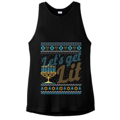 Funny Ugly Hanukkah Sweater Lets Get Lit Menorah Jewish Gift Ladies PosiCharge Tri-Blend Wicking Tank