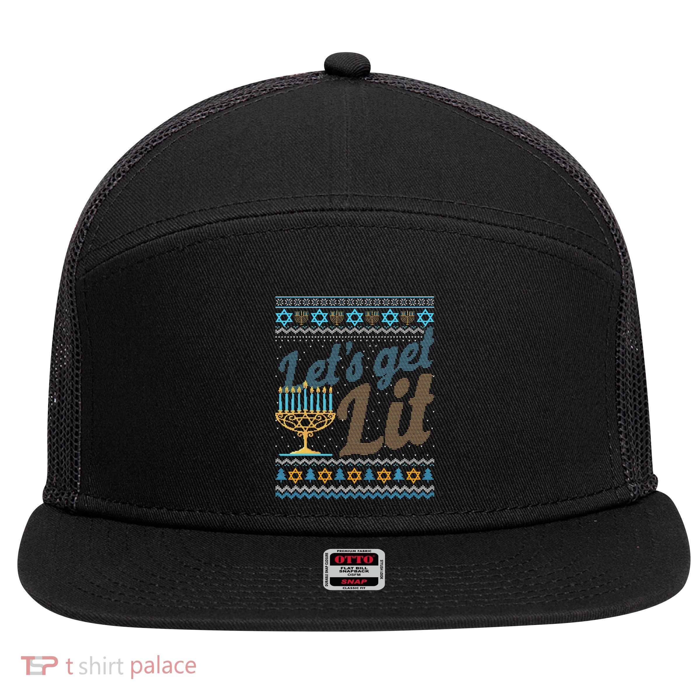 Funny Ugly Hanukkah Sweater Lets Get Lit Menorah Jewish Gift 7 Panel Mesh Trucker Snapback Hat