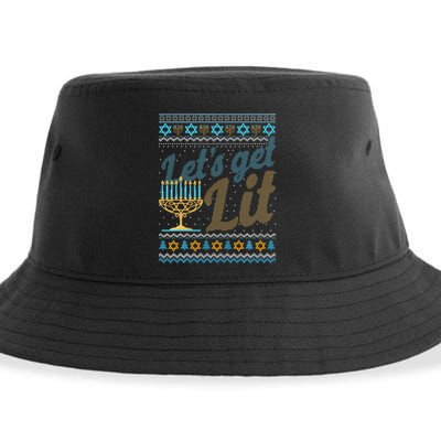 Funny Ugly Hanukkah Sweater Lets Get Lit Menorah Jewish Gift Sustainable Bucket Hat