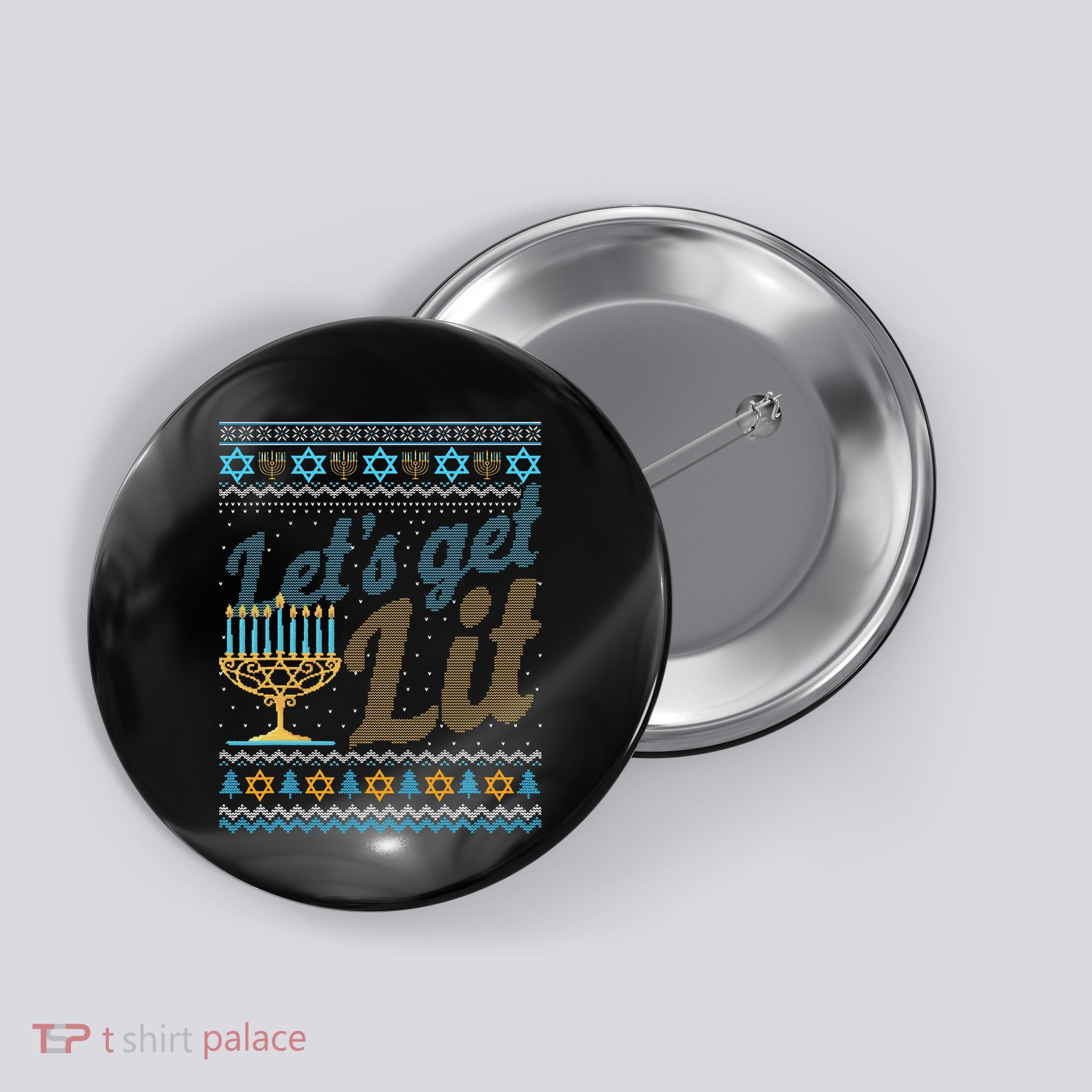 Funny Ugly Hanukkah Sweater Lets Get Lit Menorah Jewish Gift Button