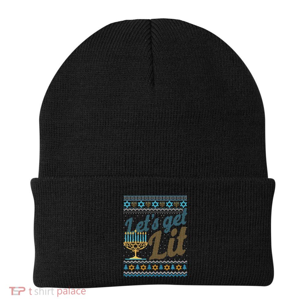 Funny Ugly Hanukkah Sweater Lets Get Lit Menorah Jewish Gift Beanie