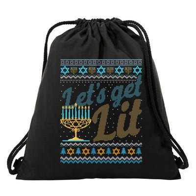 Funny Ugly Hanukkah Sweater Lets Get Lit Menorah Jewish Gift Drawstring Bag