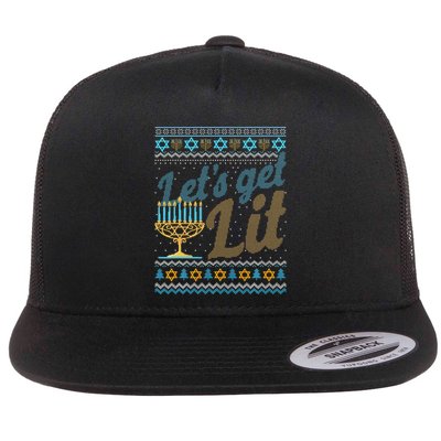 Funny Ugly Hanukkah Sweater Lets Get Lit Menorah Jewish Gift Flatbill Hat
