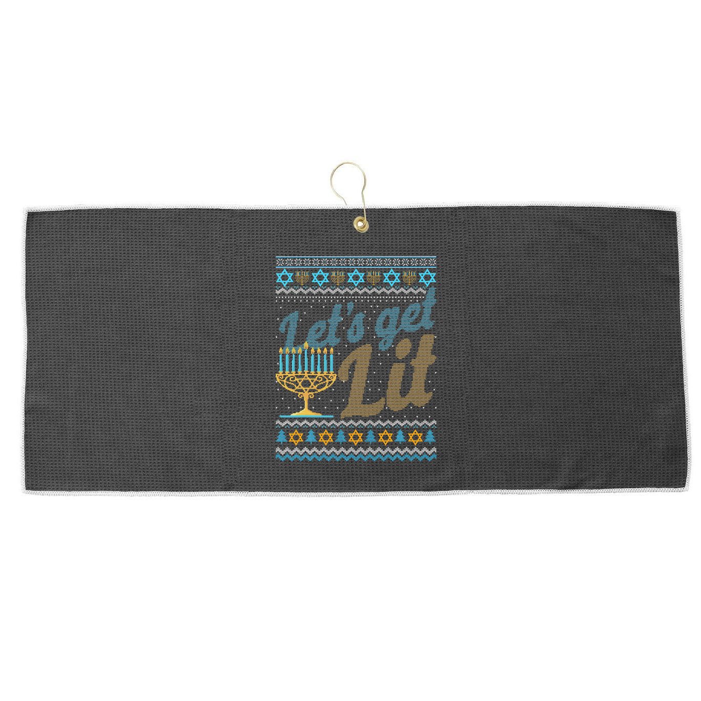 Funny Ugly Hanukkah Sweater Lets Get Lit Menorah Jewish Gift Large Microfiber Waffle Golf Towel