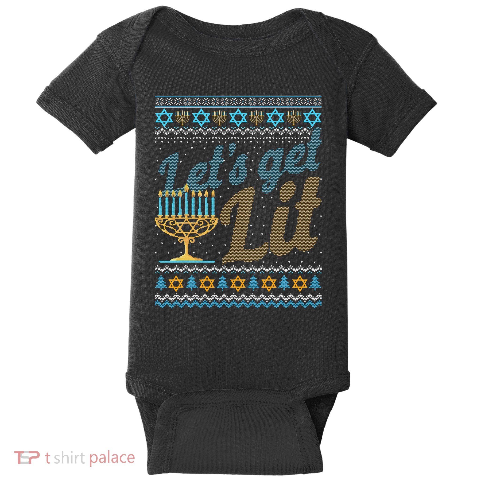 Funny Ugly Hanukkah Sweater Lets Get Lit Menorah Jewish Gift Baby Bodysuit