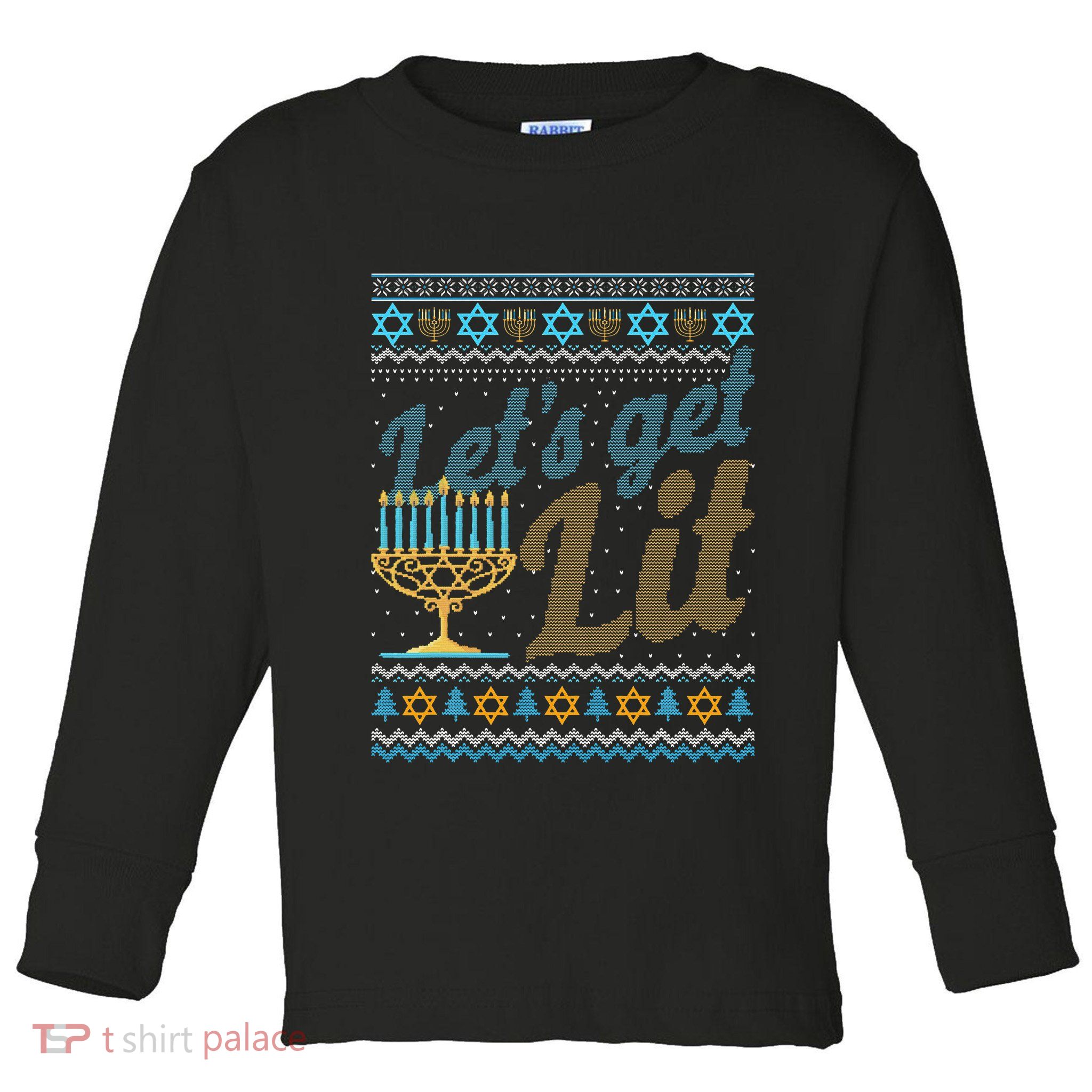 Funny Ugly Hanukkah Sweater Lets Get Lit Menorah Jewish Gift Toddler Long Sleeve Shirt