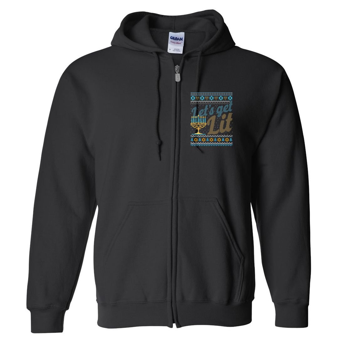 Funny Ugly Hanukkah Sweater Lets Get Lit Menorah Jewish Gift Full Zip Hoodie