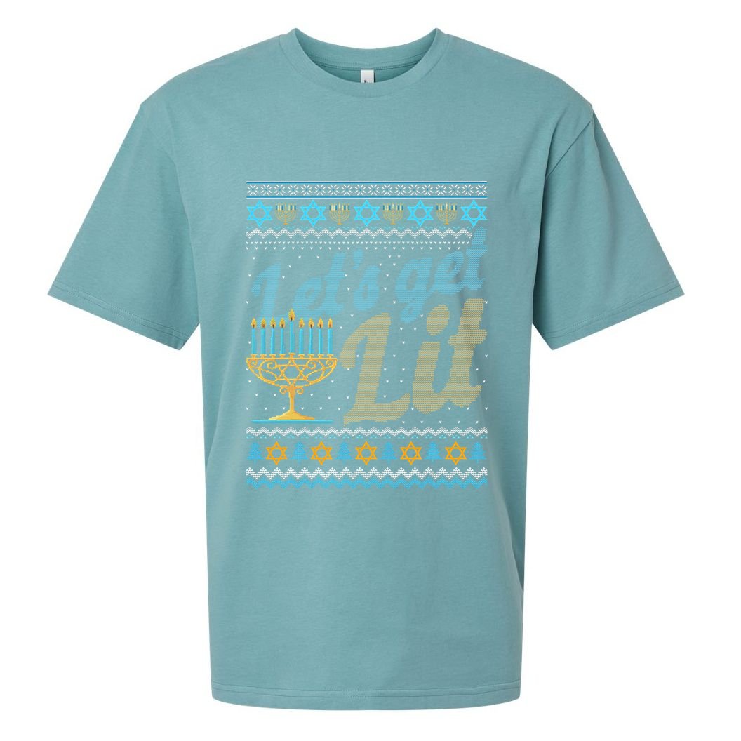 Funny Ugly Hanukkah Sweater Lets Get Lit Menorah Jewish Gift Sueded Cloud Jersey T-Shirt