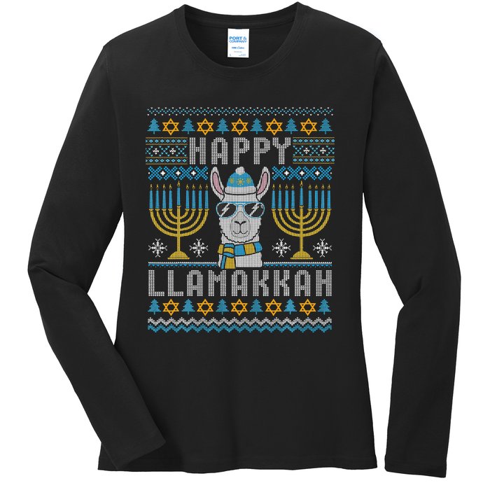 Funny Ugly Hanukkah Sweater Llama Llamakkah Gift Ladies Long Sleeve Shirt