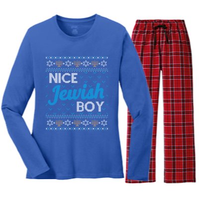 Funny Ugly Hanukkah Sweater Nice Jewish Boy Matching Women's Long Sleeve Flannel Pajama Set 