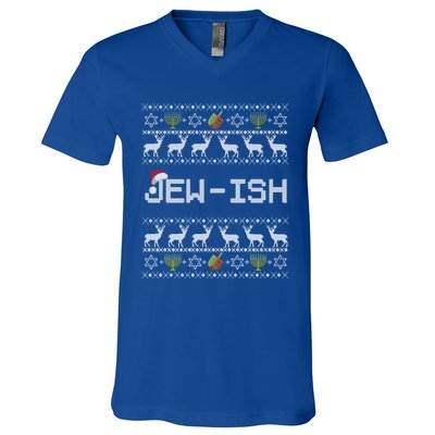 Funny Ugly Hanukkah Sweater Jewgiftish Gift Jewish Deer Santa Hat Cool Gift V-Neck T-Shirt