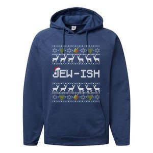 Funny Ugly Hanukkah Sweater Jewgiftish Gift Jewish Deer Santa Hat Cool Gift Performance Fleece Hoodie