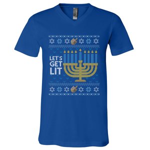 Funny Ugly Hanukkah Lets Get Lit Ing Gift V-Neck T-Shirt