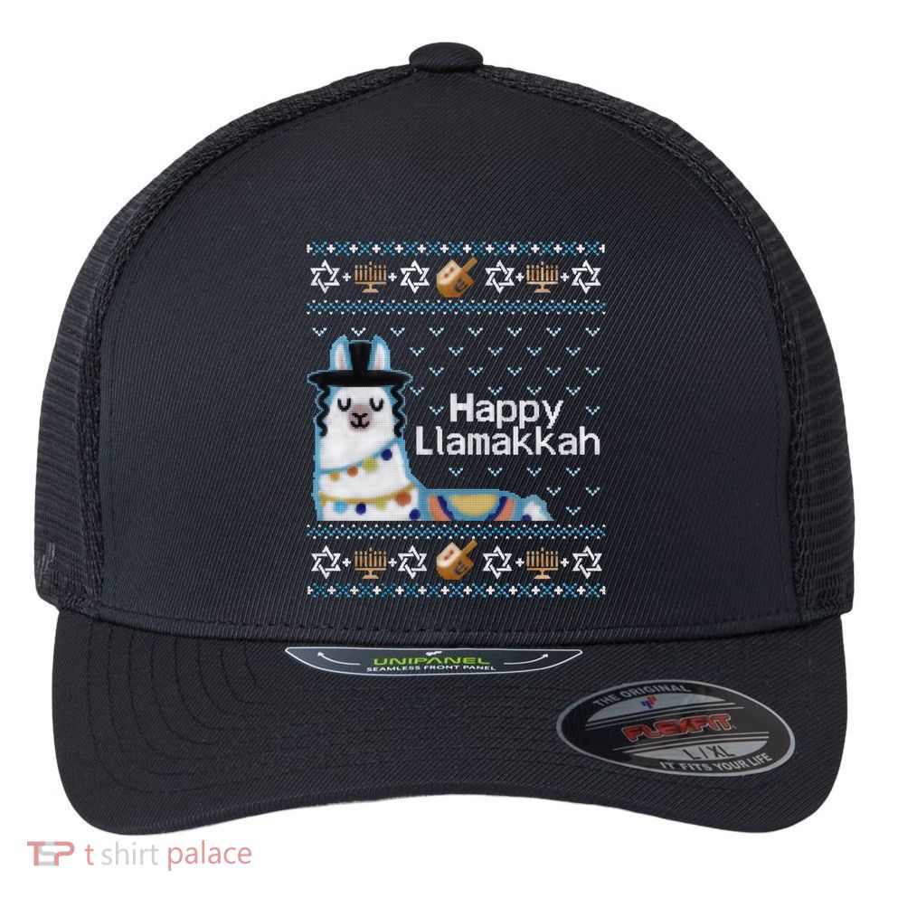 Funny Ugly Hanukkah Sweater, Llama Llamakkah Flexfit Unipanel Trucker Cap