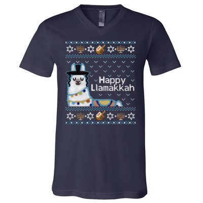 Funny Ugly Hanukkah Sweater, Llama Llamakkah V-Neck T-Shirt