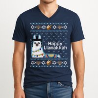 Funny Ugly Hanukkah Sweater, Llama Llamakkah V-Neck T-Shirt