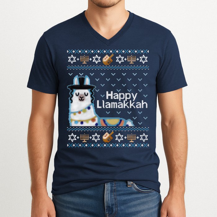 Funny Ugly Hanukkah Sweater, Llama Llamakkah V-Neck T-Shirt