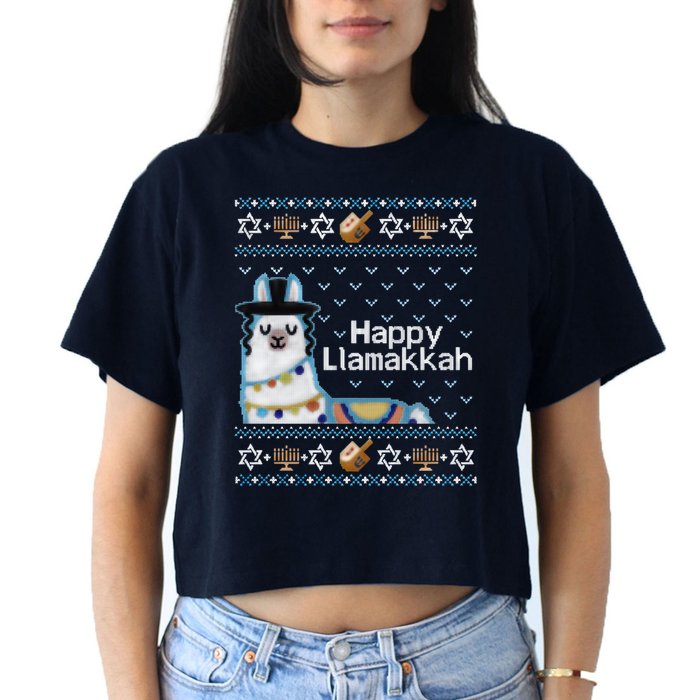 Funny Ugly Hanukkah Sweater, Llama Llamakkah Crop Top