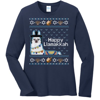 Funny Ugly Hanukkah Sweater, Llama Llamakkah Ladies Long Sleeve Shirt