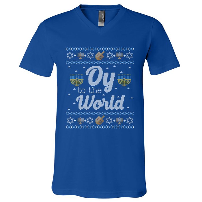 Funny Ugly Hanukkah Sweater Oy To The World Gift V-Neck T-Shirt