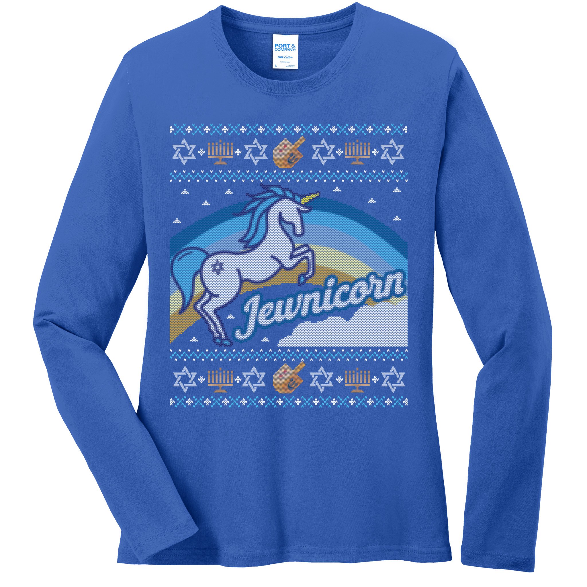 Funny Ugly Hanukkah Sweater Unicorn Jewnicorn Gift Ladies Long Sleeve Shirt