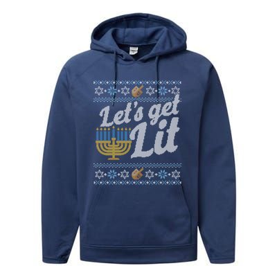 Funny Ugly Hanukkah Sweater Lets Get Lit Orah Cool Gift Performance Fleece Hoodie