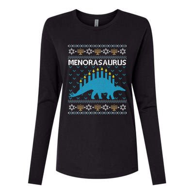 Funny Ugly Hanukkah Sweater Dinosaur Menorah Dino  Womens Cotton Relaxed Long Sleeve T-Shirt