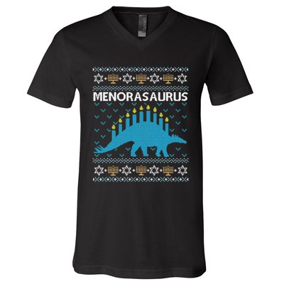 Funny Ugly Hanukkah Sweater Dinosaur Menorah Dino  V-Neck T-Shirt