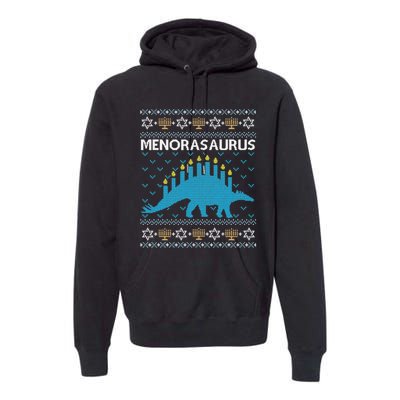 Funny Ugly Hanukkah Sweater Dinosaur Menorah Dino  Premium Hoodie