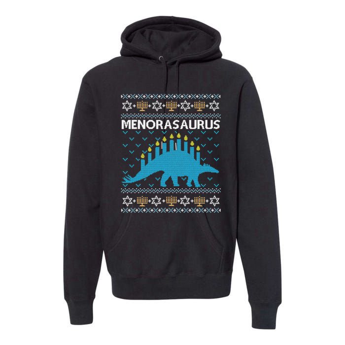 Funny Ugly Hanukkah Sweater Dinosaur Menorah Dino  Premium Hoodie